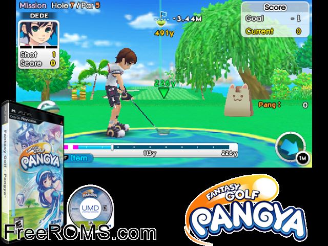 Pangya - Fantasy Golf PSP game showing 3D box cover and gameplay screenshot