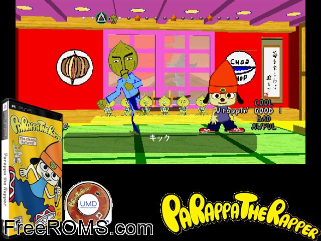Parappa The Rapper PSP game showing 3D box cover and gameplay screenshot
