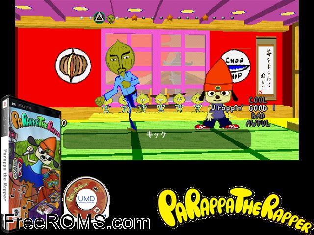 Parappa The Rapper (Japan) PSP game showing 3D box cover and gameplay screenshot