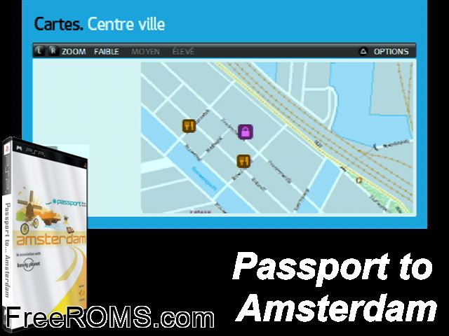 Passport To... Amsterdam (Europe) PSP game showing 3D box cover and gameplay screenshot