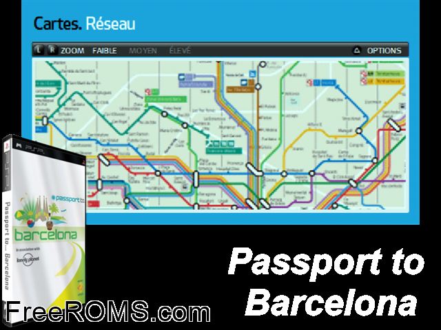 Passport To... Barcelona (Europe) PSP game showing 3D box cover and gameplay screenshot