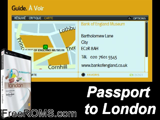 Passport To... London (Europe) PSP game showing 3D box cover and gameplay screenshot