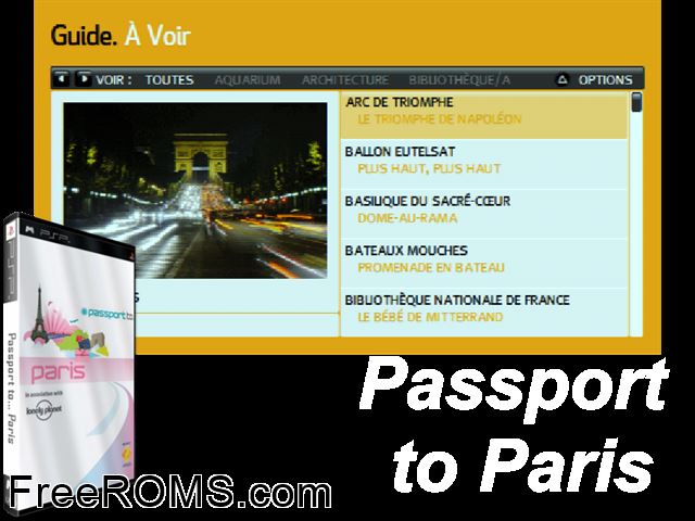 Passport To... Paris (Europe) PSP game showing 3D box cover and gameplay screenshot