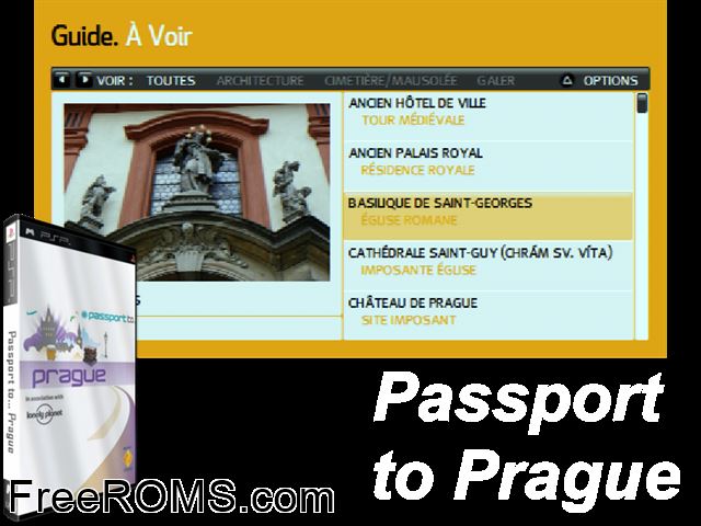 Passport To... Prague (Europe) PSP game showing 3D box cover and gameplay screenshot