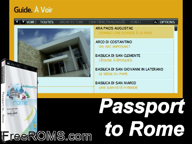 Passport To... Rome (Europe) PSP game showing 3D box cover and gameplay screenshot