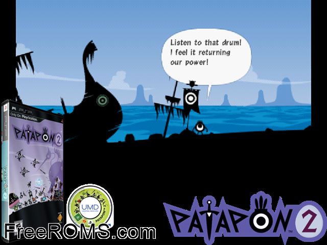Patapon 2 (Europe) PSP game showing 3D box cover and gameplay screenshot