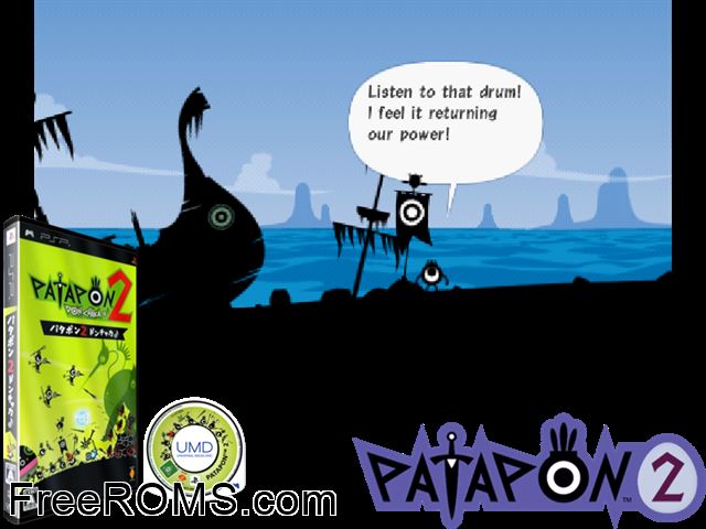 Patapon 2 - Don-Chaka (Japan) PSP game showing 3D box cover and gameplay screenshot