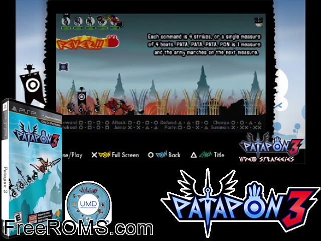 Patapon 3 PSP game showing 3D box cover and gameplay screenshot