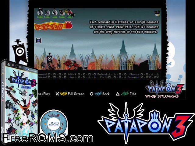 Patapon 3 (Japan) PSP game showing 3D box cover and gameplay screenshot
