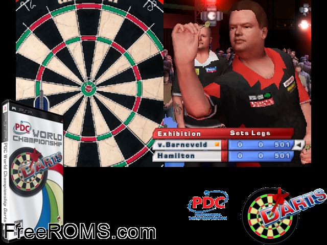 PDC World Championship Darts (M6) PSP game showing 3D box cover and gameplay screenshot