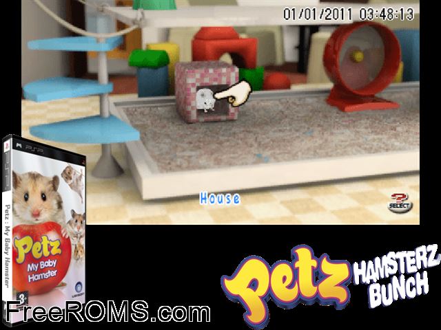 Petz - My Baby Hamster (Europe) PSP game showing 3D box cover and gameplay screenshot
