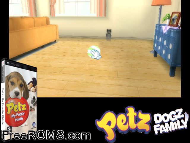 Petz - My Puppy Family (Europe) PSP game showing 3D box cover and gameplay screenshot