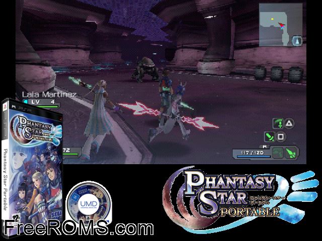 Phantasy Star Portable (Japan) PSP game showing 3D box cover and gameplay screenshot