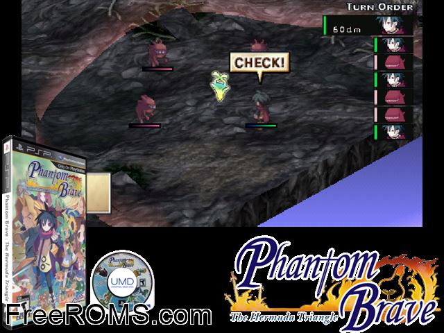 Phantom Brave - The Hermuda Triangle PSP game showing 3D box cover and gameplay screenshot