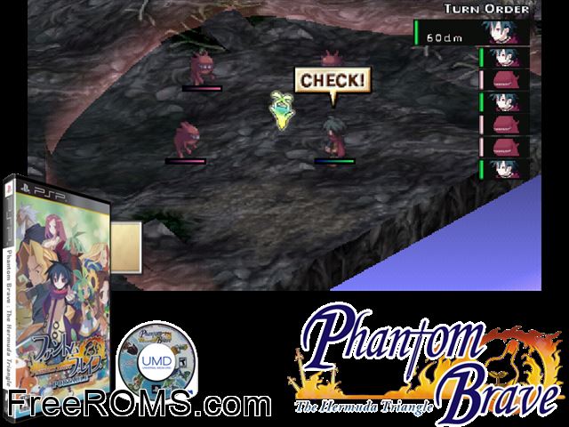 Phantom Brave Portable (Japan) PSP game showing 3D box cover and gameplay screenshot