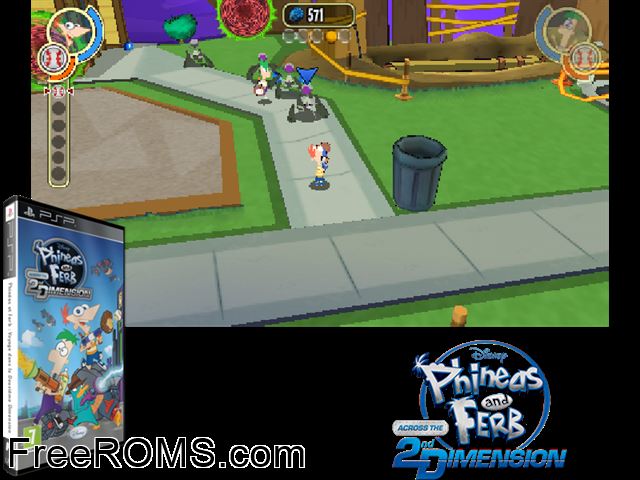Phineas and Ferb - Across the 2nd Dimension Europe (M10) PSP game showing 3D box cover and gameplay screenshot