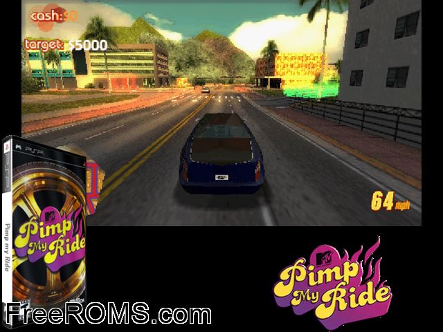 Pimp My Ride PSP game showing 3D box cover and gameplay screenshot