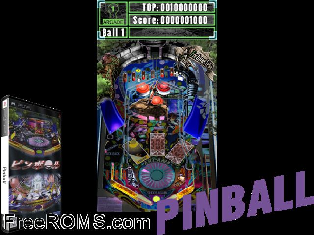 Pinball (Japan) PSP game showing 3D box cover and gameplay screenshot