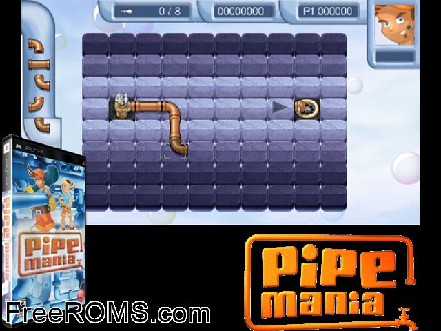 Pipe Mania Canada (M2) PSP game showing 3D box cover and gameplay screenshot