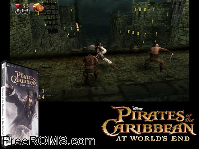 Pirates Of The Caribbean - At Worlds End PSP game showing 3D box cover and gameplay screenshot