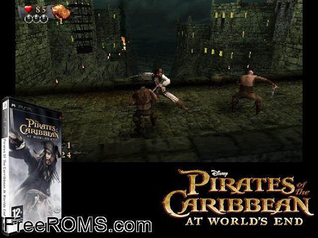 Pirates Of The Caribbean - At Worlds End (Europe) PSP game showing 3D box cover and gameplay screenshot