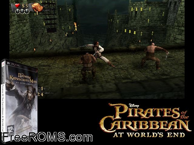 Pirates Of The Caribbean - At Worlds End (Russia) PSP game showing 3D box cover and gameplay screenshot