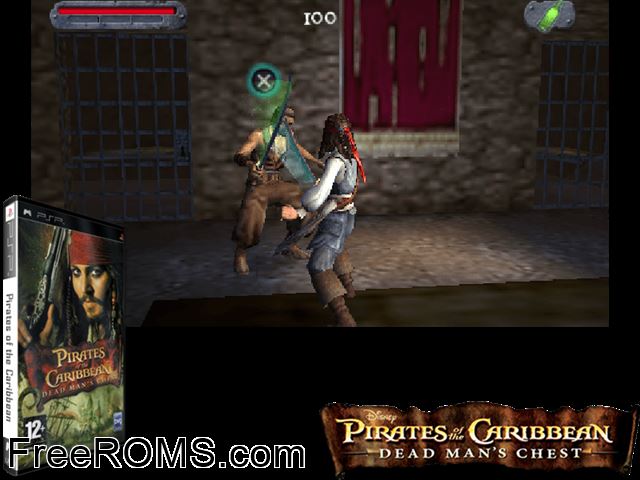Pirates Of The Caribbean - Dead Mans Chest (Europe) PSP game showing 3D box cover and gameplay screenshot