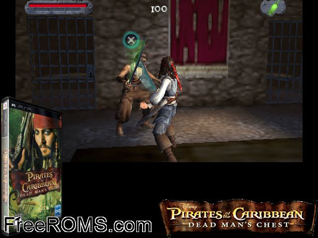 Pirates Of The Caribbean - Dead Mans Chest (Japan) PSP game showing 3D box cover and gameplay screenshot