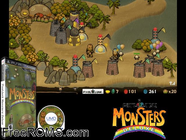 Pixeljunk Monsters Deluxe PSP game showing 3D box cover and gameplay screenshot