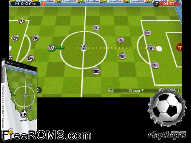 Play Chapas - Football Edition (Spain) PSP game showing 3D box cover and gameplay screenshot