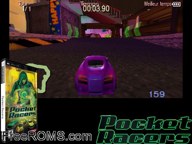 Pocket Racers PSP game showing 3D box cover and gameplay screenshot