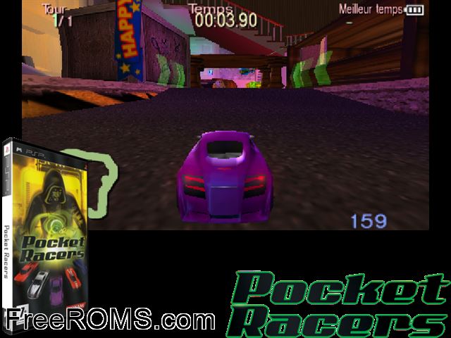 Pocket Racers (Europe) PSP game showing 3D box cover and gameplay screenshot