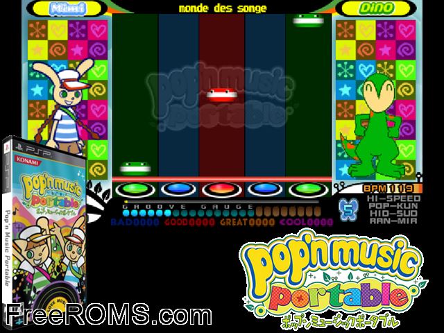 Pop N Music Portable (Japan) PSP game showing 3D box cover and gameplay screenshot