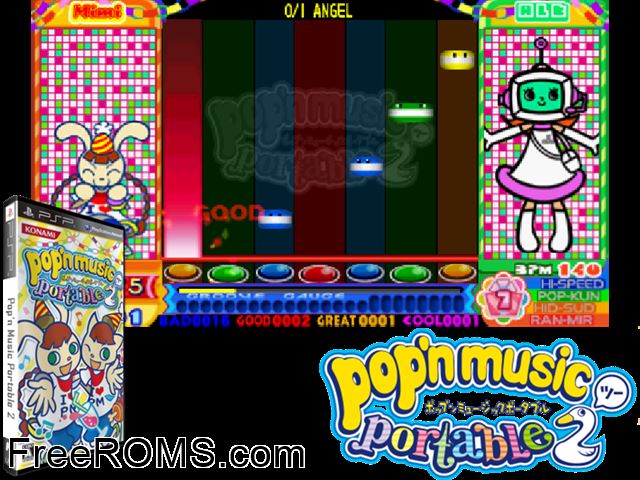 Popn Music Portable 2 (Japan) PSP game showing 3D box cover and gameplay screenshot