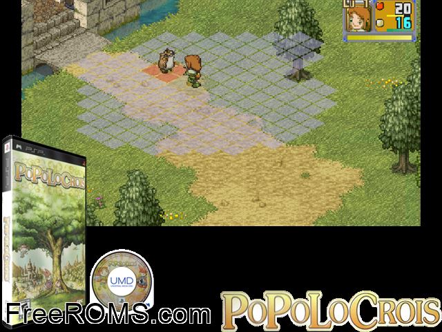Popolocrois PSP game showing 3D box cover and gameplay screenshot