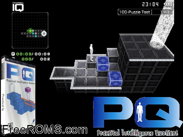 Pq - Practical Intelligence Quotient PSP game showing 3D box cover and gameplay screenshot
