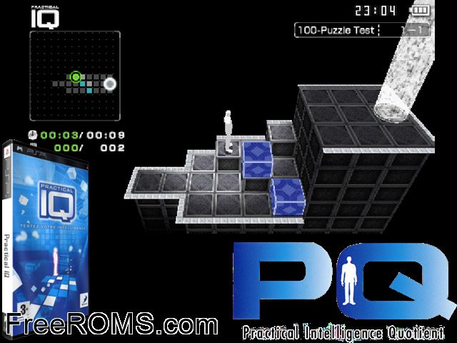 Practical Iq - Test Your Intelligence (Europe) PSP game showing 3D box cover and gameplay screenshot