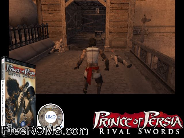 Prince of Persia - Rival Swords (Europe) PSP game showing 3D box cover and gameplay screenshot
