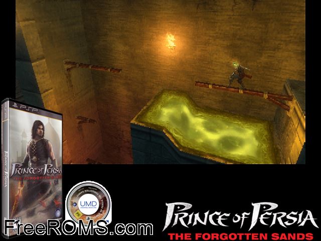 Prince of Persia - The Forgotten Sands (Europe) PSP game showing 3D box cover and gameplay screenshot