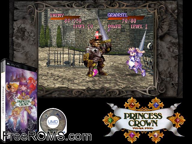 Princess Crown (Japan) PSP game showing 3D box cover and gameplay screenshot