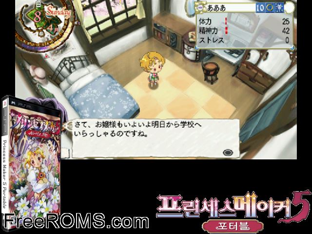 Princess Maker 5 Portable (Japan) PSP game showing 3D box cover and gameplay screenshot