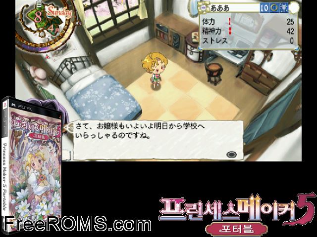 Princess Maker 5 Portable (Korea) PSP game showing 3D box cover and gameplay screenshot