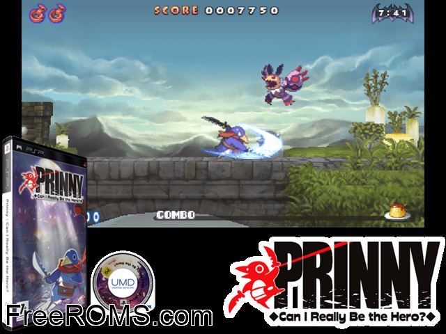 Prinny - Can I Really Be The Hero (Europe) PSP game showing 3D box cover and gameplay screenshot