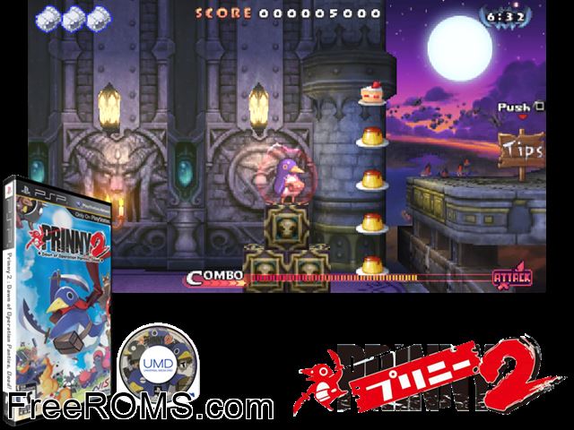 Prinny 2 - Dawn Of Operation Panties Dood! PSP game showing 3D box cover and gameplay screenshot