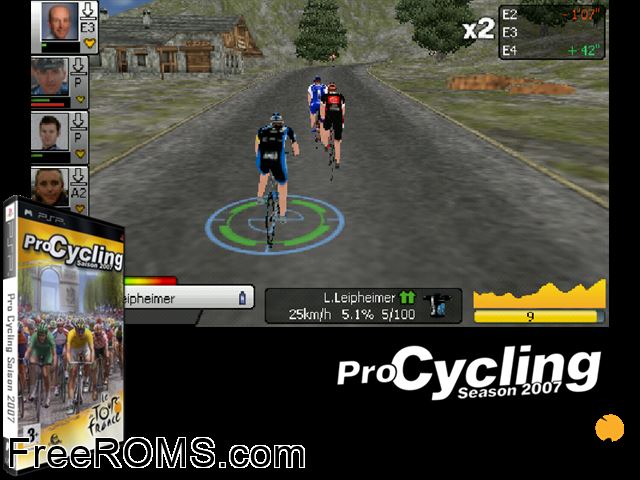 Pro Cycling - Saison 2007 Europe (M5) PSP game showing 3D box cover and gameplay screenshot