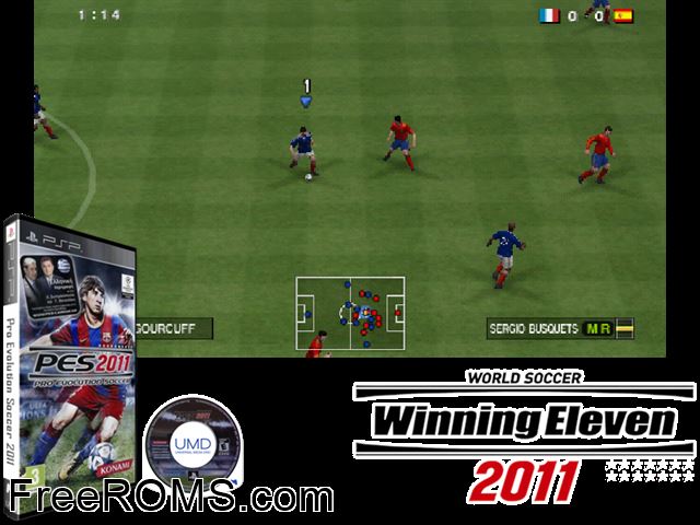 Pro Evolution Soccer 2011 (Germany) PSP game showing 3D box cover and gameplay screenshot