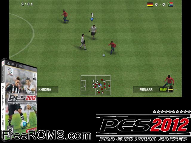 Pro Evolution Soccer 2012 (Germany) PSP game showing 3D box cover and gameplay screenshot