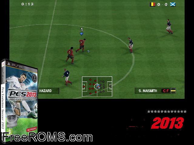 Pro Evolution Soccer 2013 Europe (M5) PSP game showing 3D box cover and gameplay screenshot