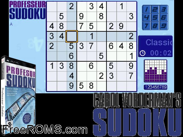 Professor Sudoku (Europe) PSP game showing 3D box cover and gameplay screenshot