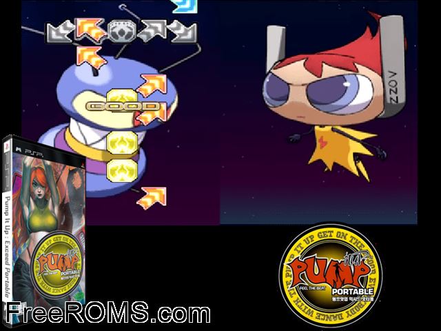Pump It Up - Exceed Portable (Korea) PSP game showing 3D box cover and gameplay screenshot